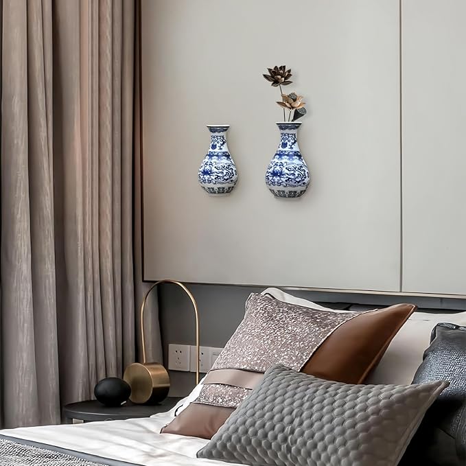 Set of Two Blue and White Porcelain Wall Vases for Flowers – Handmade Chinoiserie Ceramic Wall Mounted Flower Vase, Decorative Hanging Vases for Living Room, Bookshelf & Indoor Décor