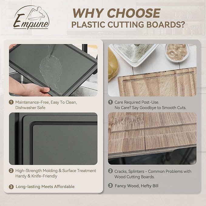 Empune Plastic Cutting Board Set, Recycled Plastic Cutting Boards for Kitchen (Set of 3), Dishwasher Safe Large Chopping Board with Holder, Non-slip Feet and Juice Grooves, Nonporous, Grey