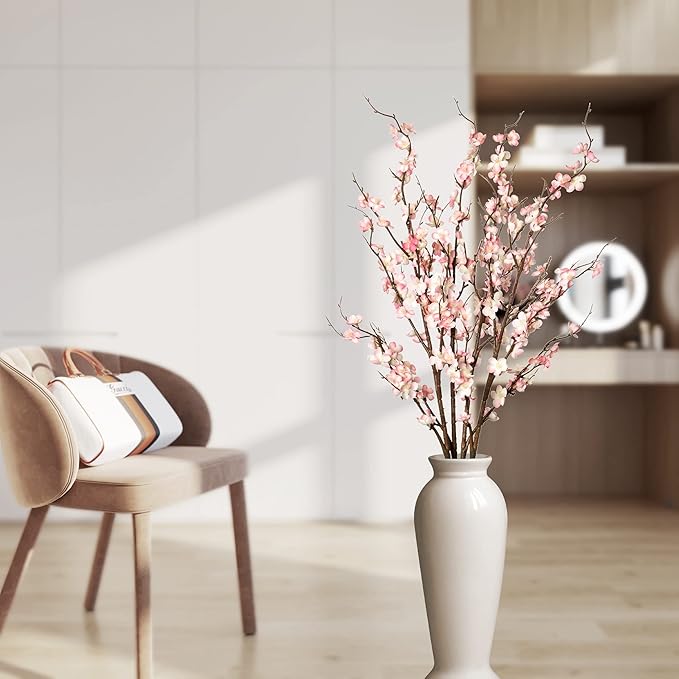 4Pcs Cherry Blossom Branches Artificial Flowers for Spring Summer Indoor Decoration,Faux Long Stem Artificial Flowers for Wedding Home Office Bedroom Party Table Centerpieces Decor (Pink)