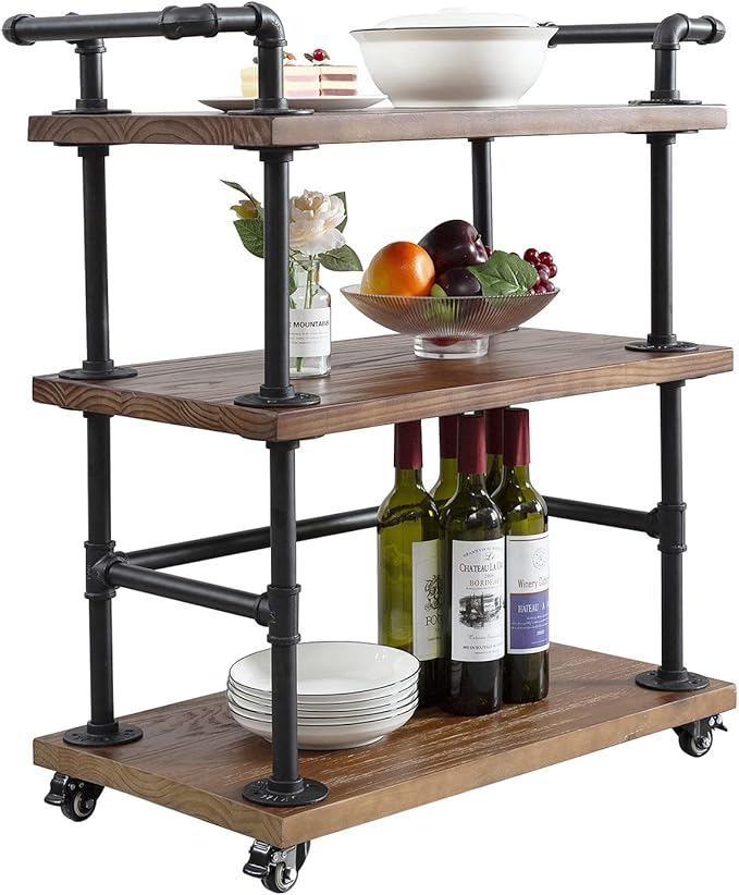 Industrial Pipe Bar Carts/Serving Carts/Kitchen Carts/Wine Rack Carts on Wheels with Shelves - Wood Rolling Carts - Wine Tea Liquor Shelves/Holder - Home Furniture