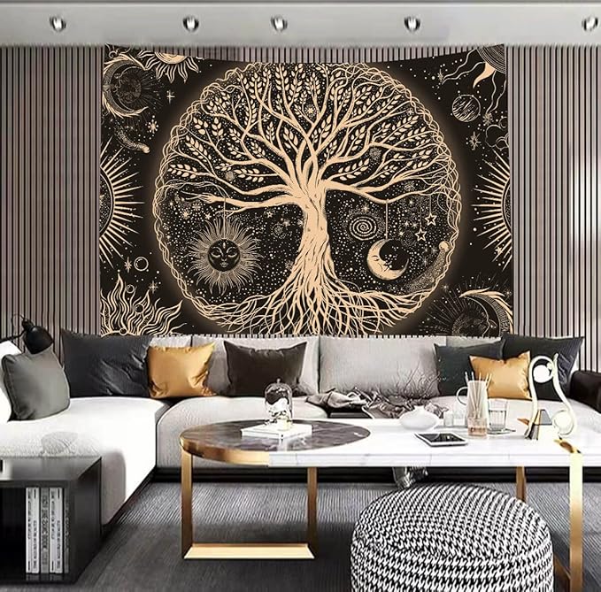 FORATER Tree of Life Tapestry Wall Hanging Sun Moon Stars Tapestries Aesthetic Galaxy Wall Tapestry Nature Home Decoration for Living Room Bedroom(36 x 48 Inch, Black and Gold)