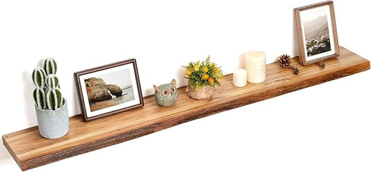 Floating Shelves for Wall Decor, Rustic Solid Elm Wood Live Edge Floating Shelves Wall Mounted, Wall Shelves with Invisible Bracket for Living Room Bathroom Bedroom Kitchen, 55 Inch, Natural