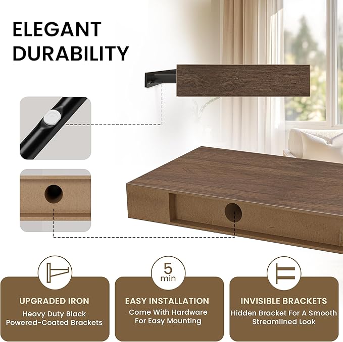 Floating Shelves for Wall, 31.5"W x 6.7"D x 1.5"H, Wooden Wall Mounted Display Shelves with Invisible Brackets for Living Room, Bedroom, Bathroom, Kitchen Decor and Storage, Set of 2, Walnut