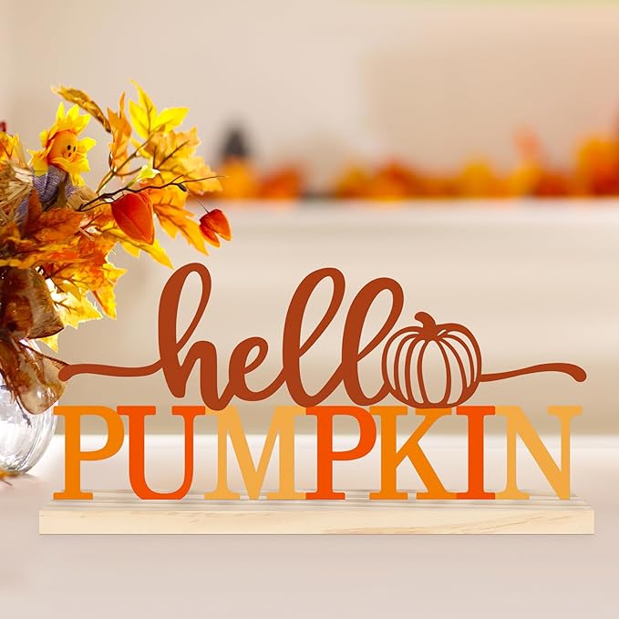 COCHIE Metal Hello Pumpkin Sign, Orange Fall Decorations for Home, Office, Shelf, Mantel, Indoor, Autumn Pumpkin Decoration, Hello Fall Decor (Autumn A)