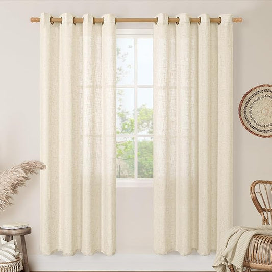 LAMIT Semi Sheer Linen Curtains for Living Room, 80 Inch Length, Light Filtering Panels Bronze Grommet Faux Linen Textured Window Drapes for Bedroom/Porch, Beige, 52 x 80 Inch, 2 Panels
