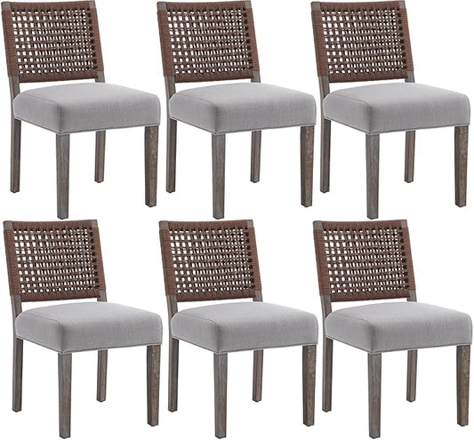 Kmax Farmhouse Dining Chairs Set of 6, Rustic Kitchen Chairs with Linen Fabric Seat and Woven Back, Vintage Accent Chairs for Dining Room, Living Room, Grey