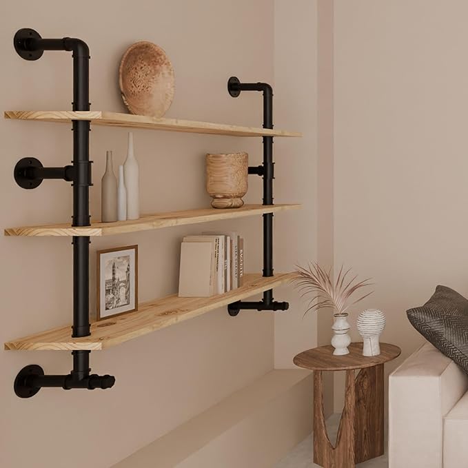 Industrial Pipe Wall Shelves Pipe Shelving with Real Wood Plank,48 Inches Floating Shelves for Wall Farmhouse Pipe Book Shelves Dark Brown 3 Tier for Kitchen,Living Room Decor and Bar Shelving