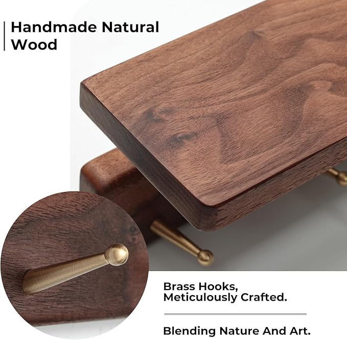 Shelf with Hooks, Solid Wood Bedroom Shelves for Wall, Wooden Coat Rack Wall Mount for Bathroom, Kitchen, Door Entryway (Walnut, 30cm/11.81inch)