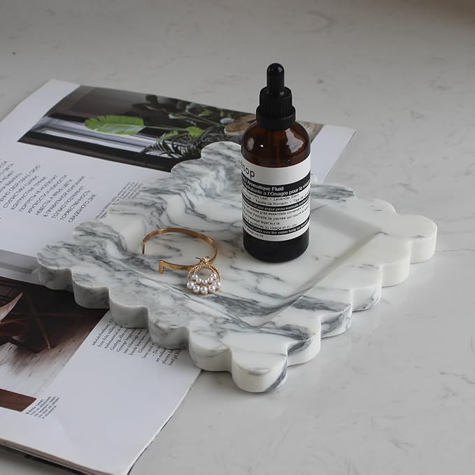 Natural Luxury Marble Tray with Scalloped Edge, Handmade Square Decorative Tray, Catch All Tray for Counter, Dresser, Nightstand and Home Décor (Arabescato Calacatta)
