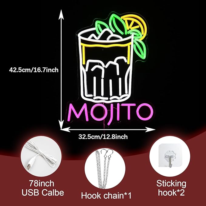 Mojito Neon Sign Mojito Cocktail Neon Light for Wall Decor Dimmable LED USB Powered Mojito Light Up Sign for Bar Club Party Home Bar Man Cave Living Room （16.7 * 12.8In）