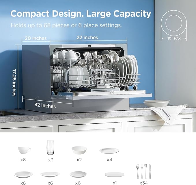 Midea MDC22P2ASS Countertop, Portable Place Settings & 6+2 Washing Cycles. Energy Star Dishwasher, Dish Washer for Dorm, RV& Apartment, Sliver, Silver