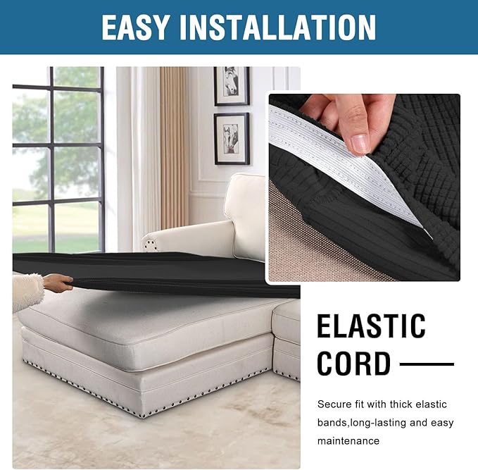 H.VERSAILTEX Super Stretch Individual Chaise Cover Sectional Couch Covers for L Shaped Sofa Both Left/Right Featuring Thick Jacquard Textured Twill Fabric (1 Piece Chaise Cover Large, Black)