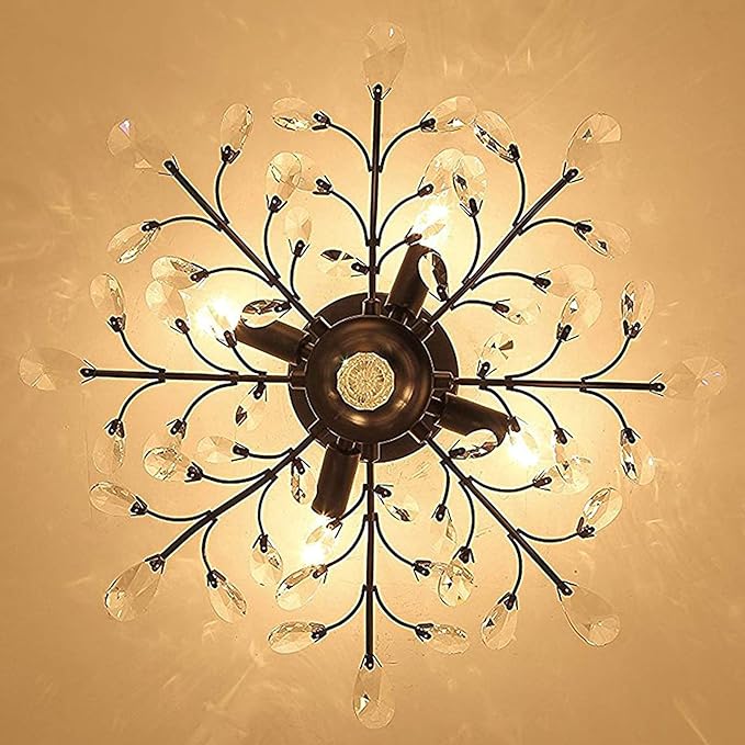 Ganeed Crystal Chandeliers,Vintage K9 Clear LED Ceiling Lighting,Edison Pendant Light Flush Mounted Fixture with 4 Light for Living Room Dinning Room Restaurant Porch Hallway (Black)