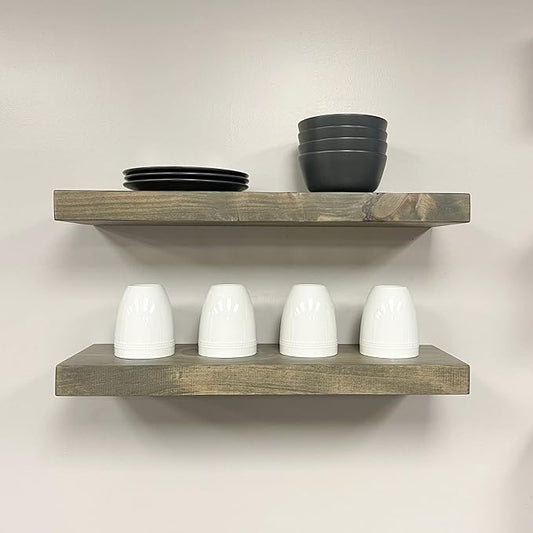 URBANDI, Rustic Floating Shelves, Set of 2, Hidden Bracket, Solid Wood, Heavy Duty, Wall Mounted Shelves, (Grey, 48Wx6D)