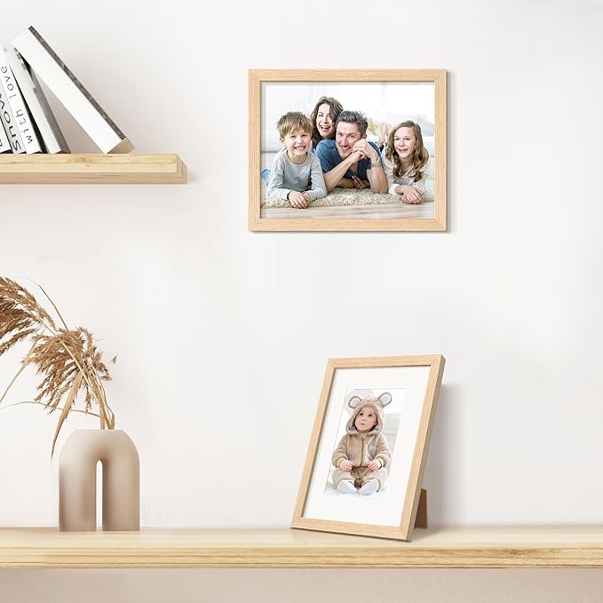 upsimples 8x10 Picture Frame, Natural Solid Wooden Picture Frames, Display 5x7 with Mat or 8 x 10 Without Mat, Wall or Tabletop, 1 Pack, Natural