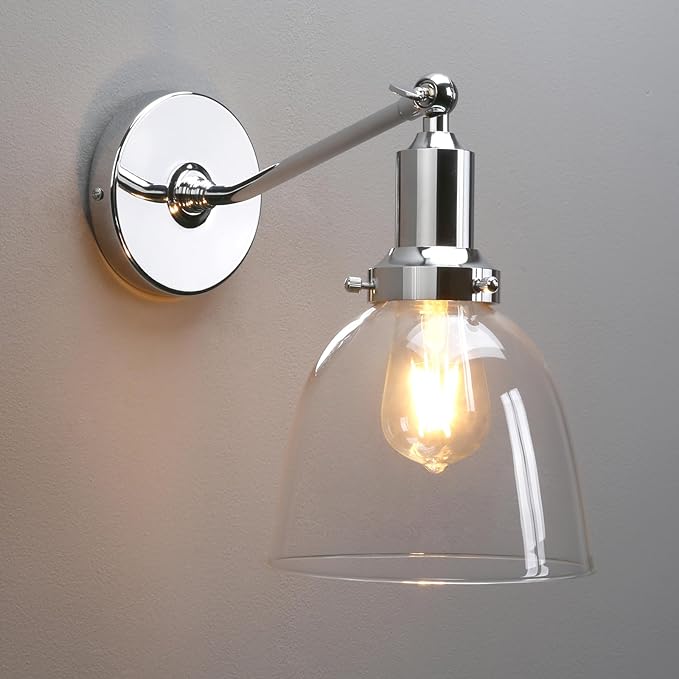 PERMO Industrial Vintage Wall Sconce Chrome Wall Sconce with 6.7" Oval Dome Clear Glass Shade Light Lamp Fixture