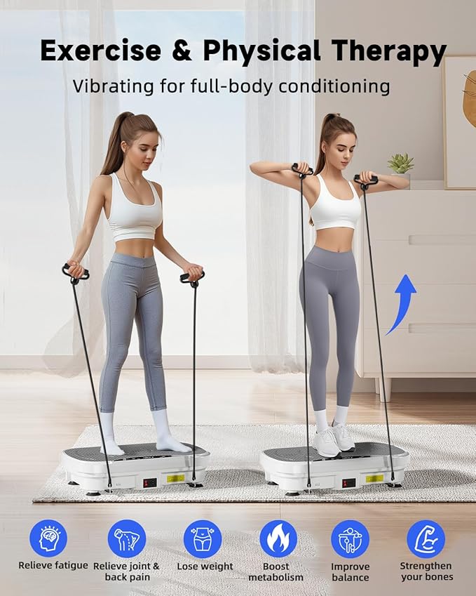 Vibration Plate Exercise Machine, Full Body Shaker Workout Vibration Plate for Lymphatic Drainage Weight Loss, Waver Vibrating Fitness Platform with Resistance Bands, Low Noise Home Fitness for Adults