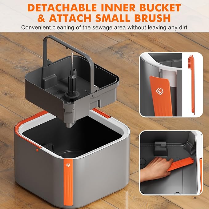 Upgraded Spin Mop and Bucket Set Self-Standing Mop Bucket Separate Dirty and Clean Water System Self Wringing 360° Rotating 90° Foldabl Mops and Buckets for Floor Cleaning (Dark Gray, 2Pads)