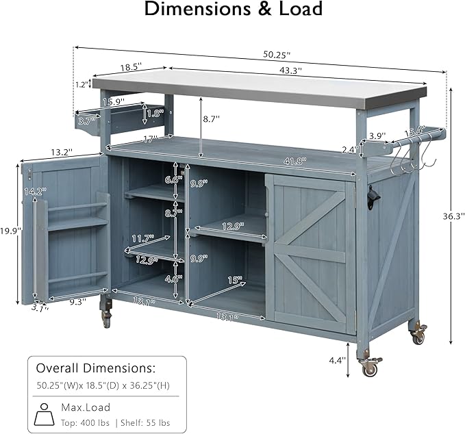 Outdoor Kitchen Island, Rolling Bar Cart & Storage Cabinet, Farmhouse Solid Wood Outdoor Grill Table with Stainless Steel Top, Spice Rack, Towel Rack for Kitchen & BBQ, Grey Blue