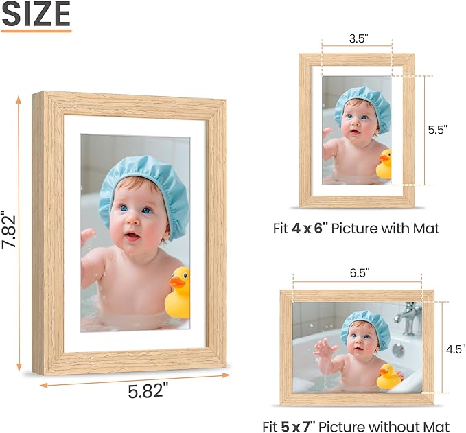 upsimples 5x7 Picture Frame, Natural Solid Wooden Picture Frames, Display 4x6 with Mat or 5 x 7 Without Mat, Wall or Tabletop, 1 Pack, Natural