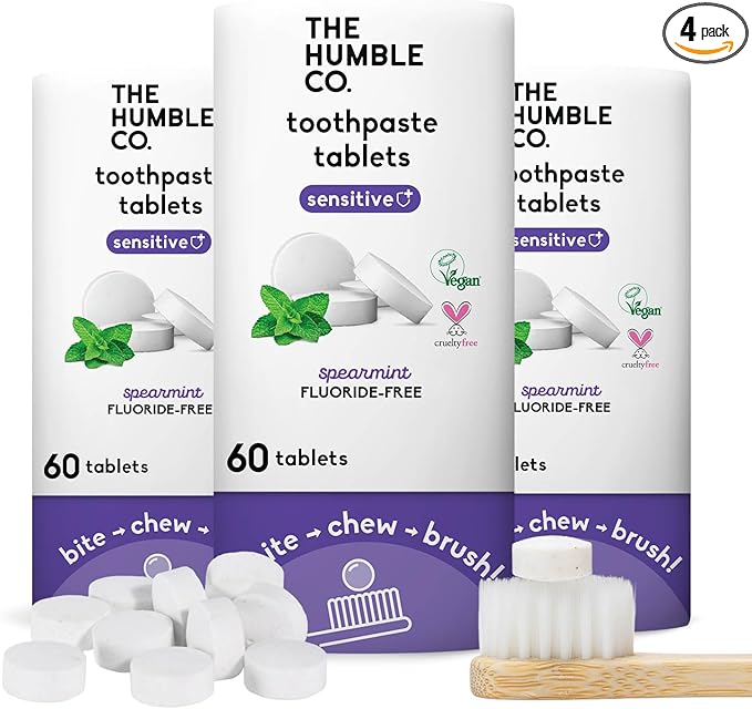 The Humble Co. Sensitive Toothpaste Tablets – Fluoride Free Toothpaste Tablets for Sensitive Teeth and Gums, Dentist Developed Formula, Vegan, SLS Free, Plastic Free (Spearmint, 2 PK)