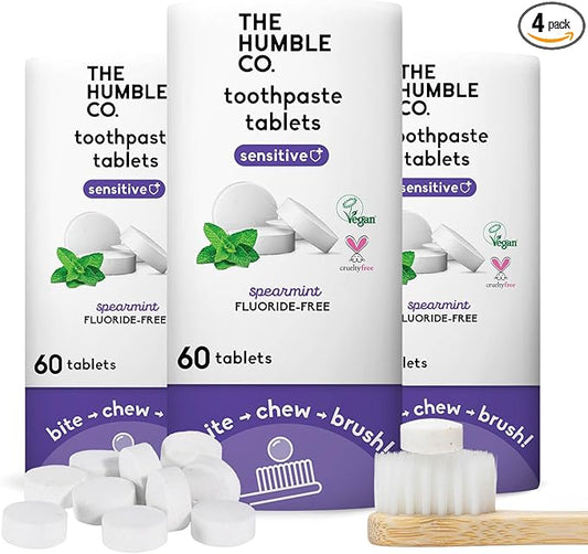 The Humble Co. Sensitive Toothpaste Tablets – Fluoride Free Toothpaste Tablets for Sensitive Teeth and Gums, Dentist Developed Formula, Vegan, SLS Free, Plastic Free (Spearmint, 2 PK)