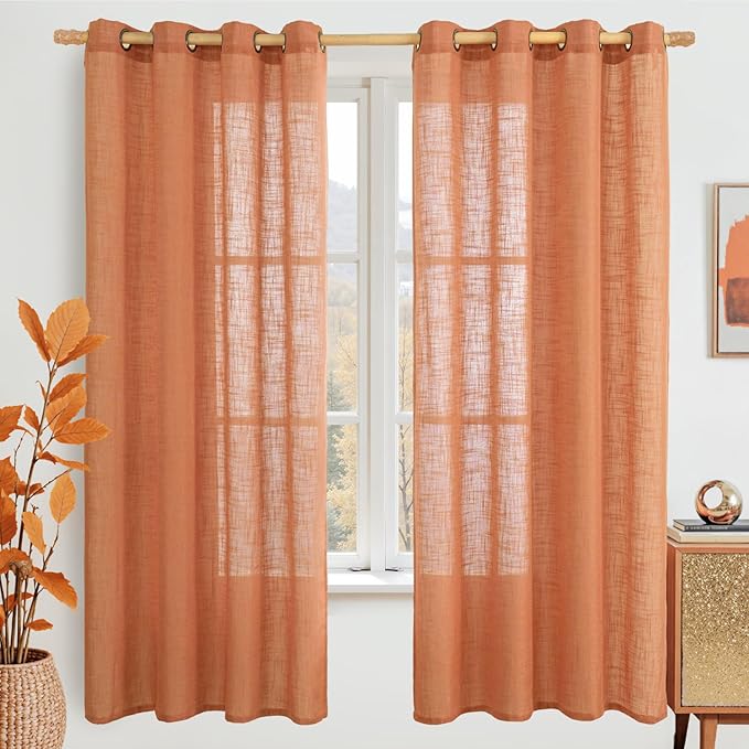 LAMIT Linen Curtians for Living Room 72 Inch Length, Bronze Grommet Light Filtering Semi Sheer Neutral Lightweight Rustic Farmhouse Boho Drapes for Bedroom, 2 Panels, Burnt Orange, 52 x 72 Inch