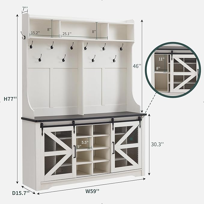 JXQTLINGMU 59" Farmhouse Hall Tree with Shoe Storage, Entryway Bench with 20 Cubbies, 12 Hooks & Sliding Barn Doors, Mudroom Coat Rack Cabinet, Off White