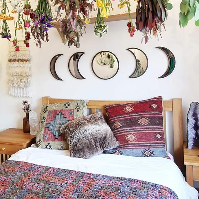 5 pcs Scandinavian Natural Decor Acrylic Moonphase Mirrors Interior Design Wooden Moon Phase Mirror Bohemian Wall Decoration for Home Living Room Bedroom Decor - No Need to Punch (Black)