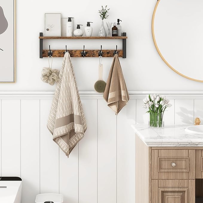 Homode Coat Rack with Wall Mount, 24 Inch Long Entryway Wall Shelf with Hooks, Wood Hanger with Storage Shelf for Bathroom, Hallway, Rustic Brown Black