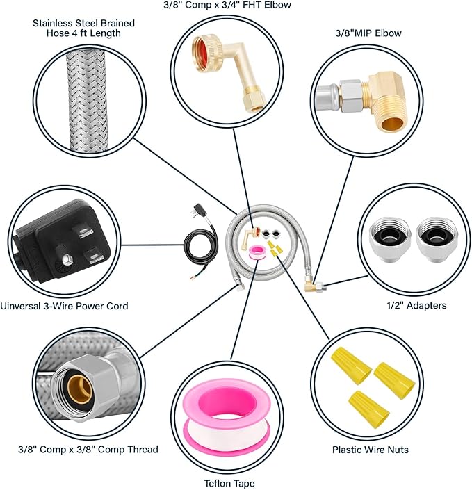 Solimeta Universal Dishwasher Installation Kit with 4 ft Stainless Steel Hose and Power Cord