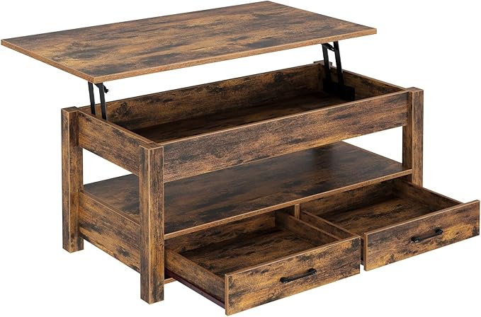 Rolanstar Coffee Table, Lift Top Coffee Table with Drawers and Hidden Compartment, Retro Central Table with Wooden Lift Tabletop, for Living Room,Rustic Brown