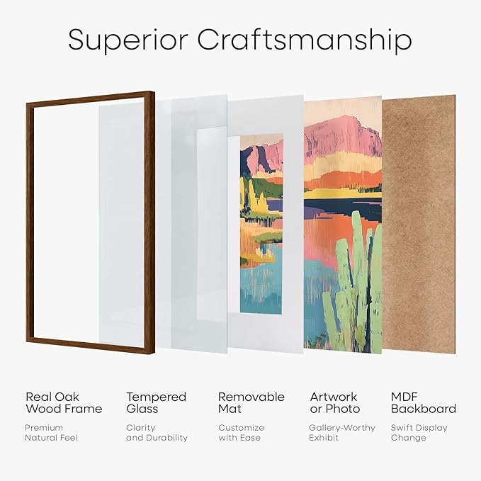 Homeforia 11x14 Brown Picture Frame, High End Dark Oak 11x14 Walnut Poster Frame with Mat 8x10, 11 x 14 Wooden Frame Matted to 8 by 10 inch Photo, 14x11 Thin Frames, Tempered Glass, Wall Kit, Set of 1