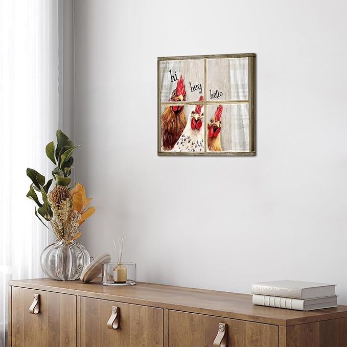 Visual Art Decor Funny Rooster Wall Art Chicken Picture Rustic Farmhouse Front Door Welcome Sign Framed 12x12 inch, Rustic Brown