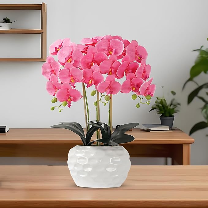 Orchid Artificial Flowers with White Vase Large Silk Faux Phalaenopsis Flowers for Dining Room Table Floral Centerpieces Indoor Decoration,Fuchsia