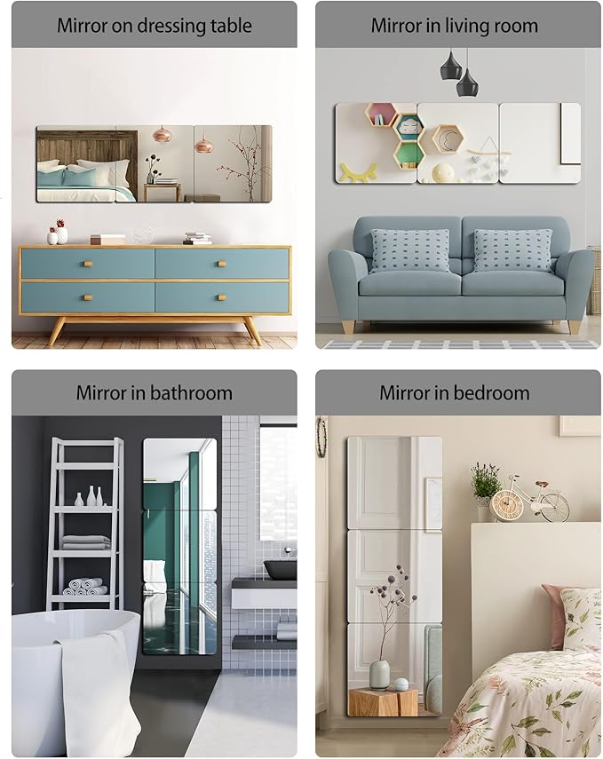Unbreakable Full Length Wall Mirror,The Door Mirror,4Pack 16''x16'',Acrylic Kids Shatterproof Plexiglass Long Mirrors for Bedroom Closet,Children Non Glass Stick on Mirrors