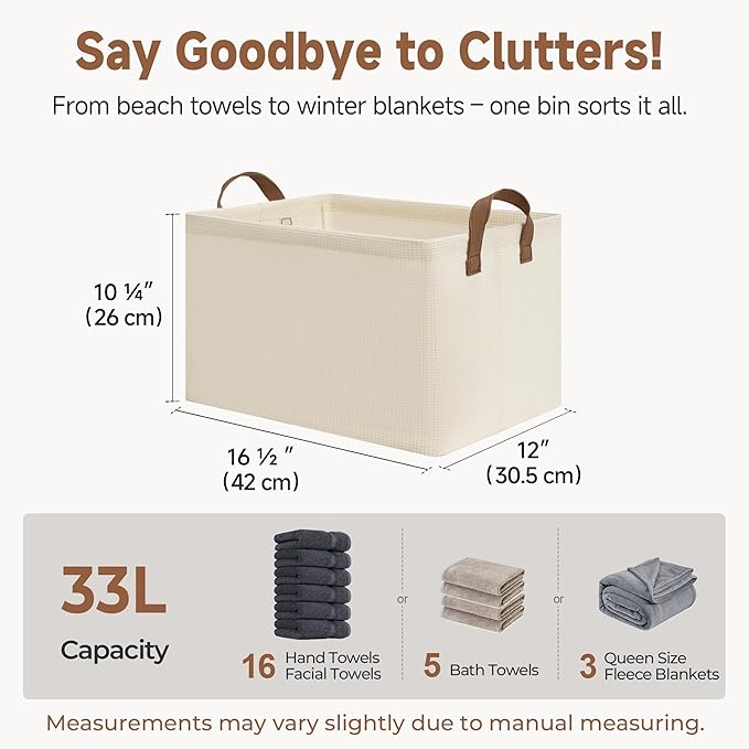 StorageWorks Storage Bins, Shelves Baskets for Organizing, Large Fabric Closet Organizers with Handles, Metal Frame, Beige（Texture）, 2-Pack