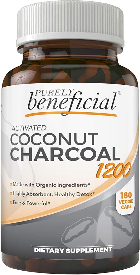 Activated Coconut Charcoal 1200mg, 180 Capsules - Pills for Digestive System, Bloating, Vegan (1bottle)