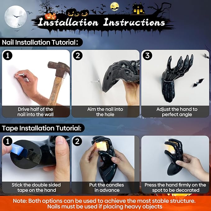 Halloween Decor Indoor, 4 Packs Creepy Reaching Hands with LED Candles, Life-Sized Gothic Wall Decor for Horror Decor, Spooky Halloween Decorations for Home, Party, Goth & Dark Academia Style