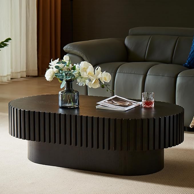 43.7" Oval Coffee Table for Living Room,Modern Handcraft Drum Coffee TableSmall Wooden Coffee Table with Sturdy Pedestal Easy Assembly for Office-Black