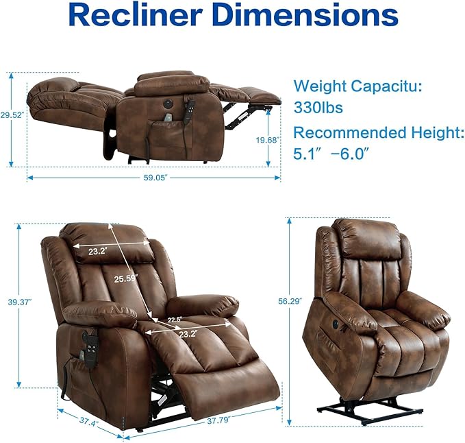 MAEVIS Power Recliner Chair, Lay Flat Sleeping Lift Chairs Recliner for Elderly with Heat and Massage,Comfy Real Breathable Leather Recliners with Dual OKIN Motor for Living Room (Ochre)