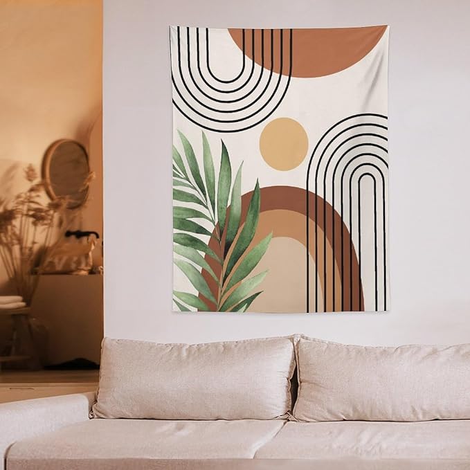 Abstract Bohemian Mid Century Tapestry, Tropical Leaves Modern Geometric Archway Minimalist Bohemian Botanical Aesthetic Wall Hanging, Sage Green Gold Home Decor Art for Bedroom 60x80 Inch