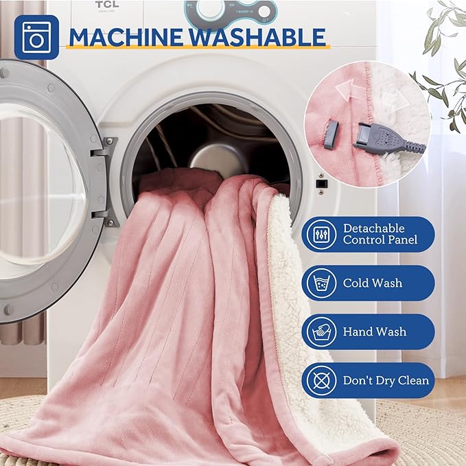 Sealy Electric Blanket Throw Size 50"*60",Super Cozy Flannel to Sherpa Reversible Heated Blanket Throw with 6 Heating Levels & 2-10 Hours Auto Off Overheating Protection Machine Washable,Pink