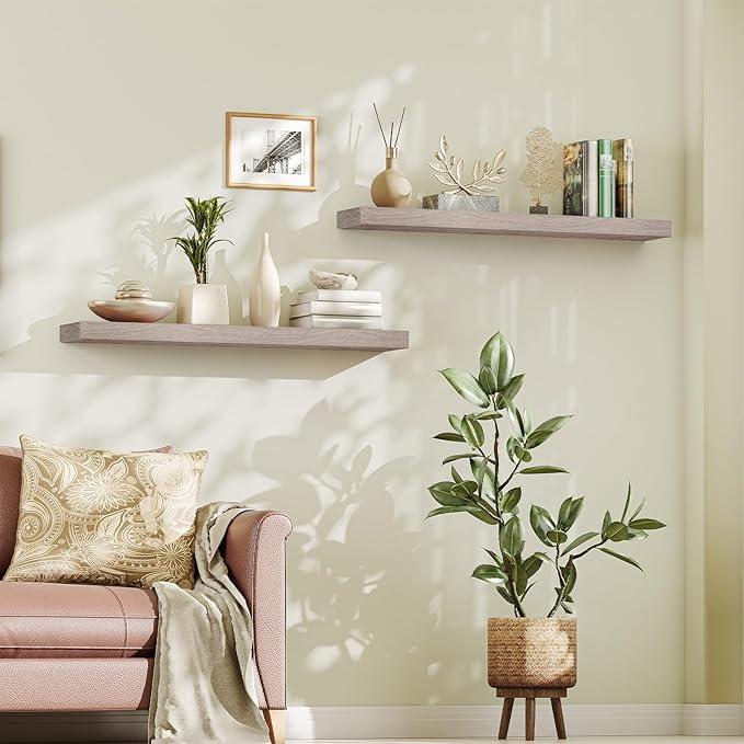 HOOBRO Floating Shelves for Wall, Wall Mounted Shelf Set of 2, 47.2" Hanging Shelf with Invisible Brackets, for Wall in Bathroom, Bedroom, Toilet, Kitchen, Living Room, Office, Greige BG120BJP201