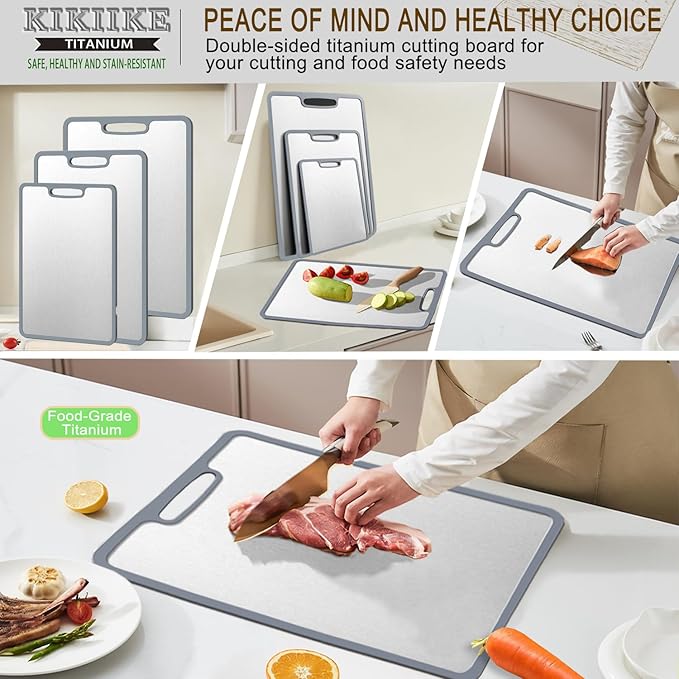Titanium Cutting Board Double-sided non-slip silicone edging Pure Titanium Cutting Boards for Kitchen - Double-Sided Food-Grade Chopping Board Non-Stick Durable and easy to clean (3-Piece S/M/L)