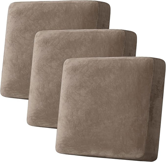 H.VERSAILTEX Velvet Stretch Couch Cushion Cover Plush Cushion Slipcover for Chair Loveseat Sofa Cushion Furniture Protector Seat Cushion Sofa Cover (3 Piece XL Sofa Cushion Covers, Mocha)