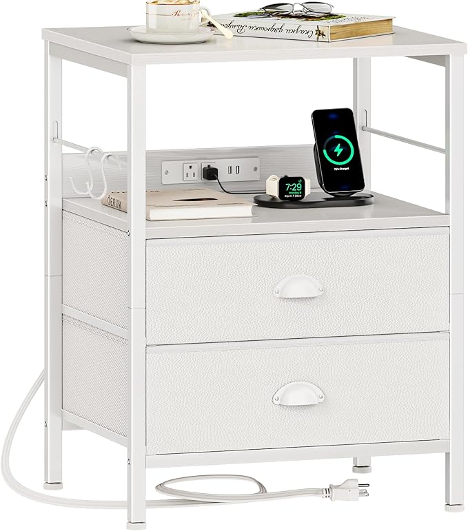 Furologee Night Stand with Charging Station, Bedside Table with Fabric Drawers, End Table with USB Ports & Outlets, White Nightstand with Storage Shelf & Hooks, for Living Room/Bedroom, White