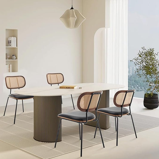 Rattan Dining Chairs Set of 4, Mid Century Modern Dining Chairs with Cane Back for Kitchen Dining Room, 19 Inch Faux Leather Black