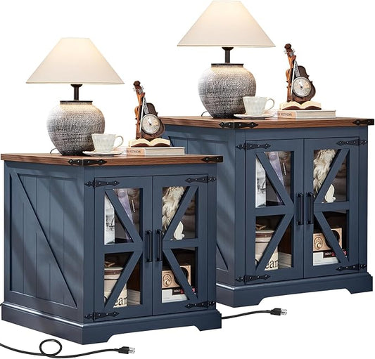 Farmhouse End Table Set of 2 with Charging Station, 24" Large Sofa Side Table with Glass Barn Door, Night Stand with Adjustable Shelf, Wood Nightstand, Square Bed Side Table for Living Room,Bedroom