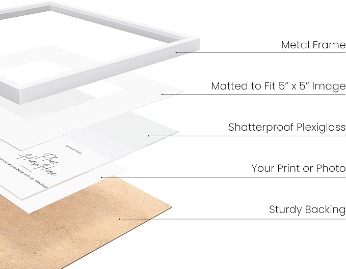 HAUS AND HUES 10x10 White Metal Picture Frames Matted to 5x5 - Features Premium Aluminum & Hanging Hardware, Shatterproof Plexiglass - Ideal for Home, Room, Office (10x10 in, White, Set of 4)